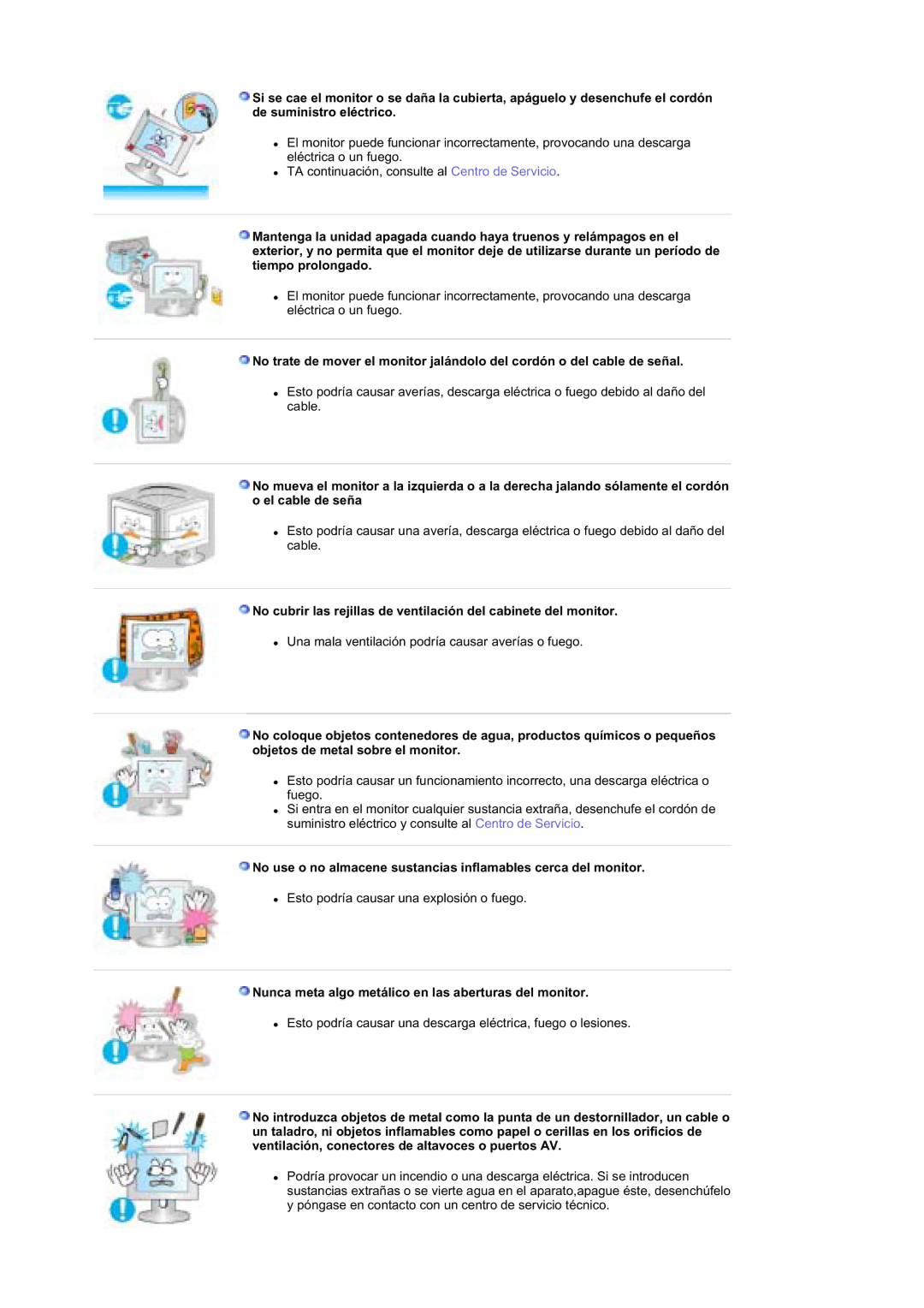 Samsung MZ19FSSS/EDC manual Nunca meta algo metálico en las aberturas del monitor 