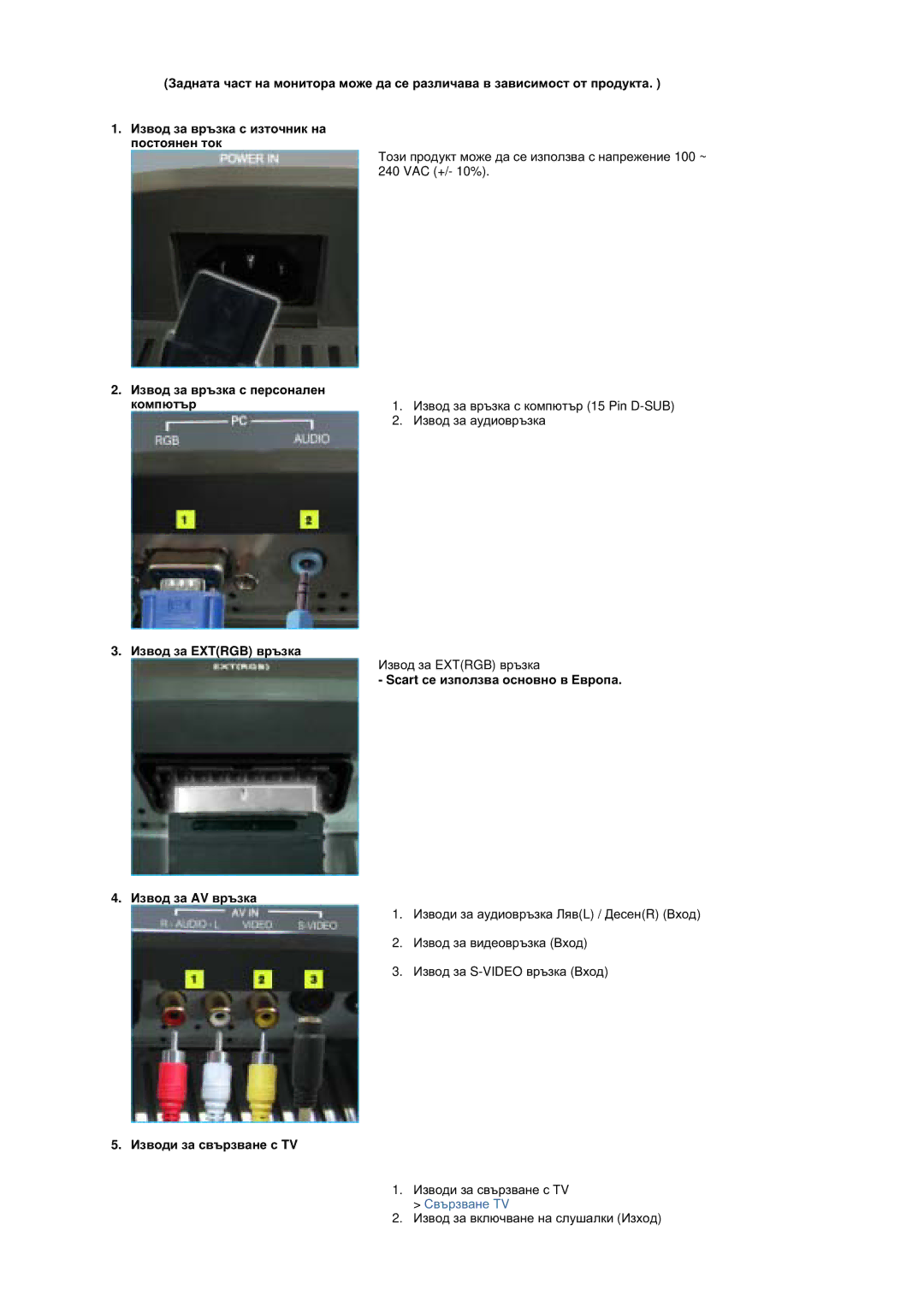 Samsung MZ19FSSS/EDC manual Ɂɡɜɨɞ ɡɚ ɜɪɴɡɤɚ ɫ ɩɟɪɫɨɧɚɥɟɧ ɤɨɦɩɸɬɴɪ, Ɂɡɜɨɞ ɡɚ Extrgb ɜɪɴɡɤɚ, Ɂɡɜɨɞɢ ɡɚ ɫɜɴɪɡɜɚɧɟ ɫ TV 