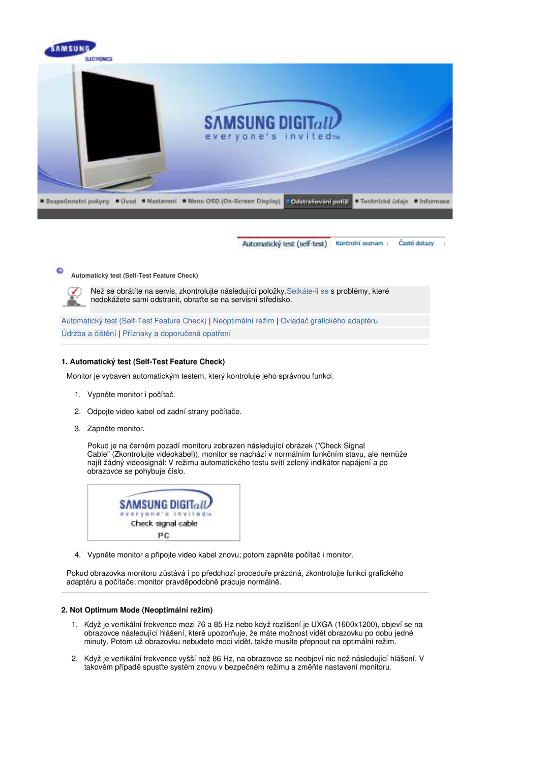 Samsung MZ19FSSS/EDC manual Automatický test Self-Test Feature Check, Not Optimum Mode Neoptimální režim 