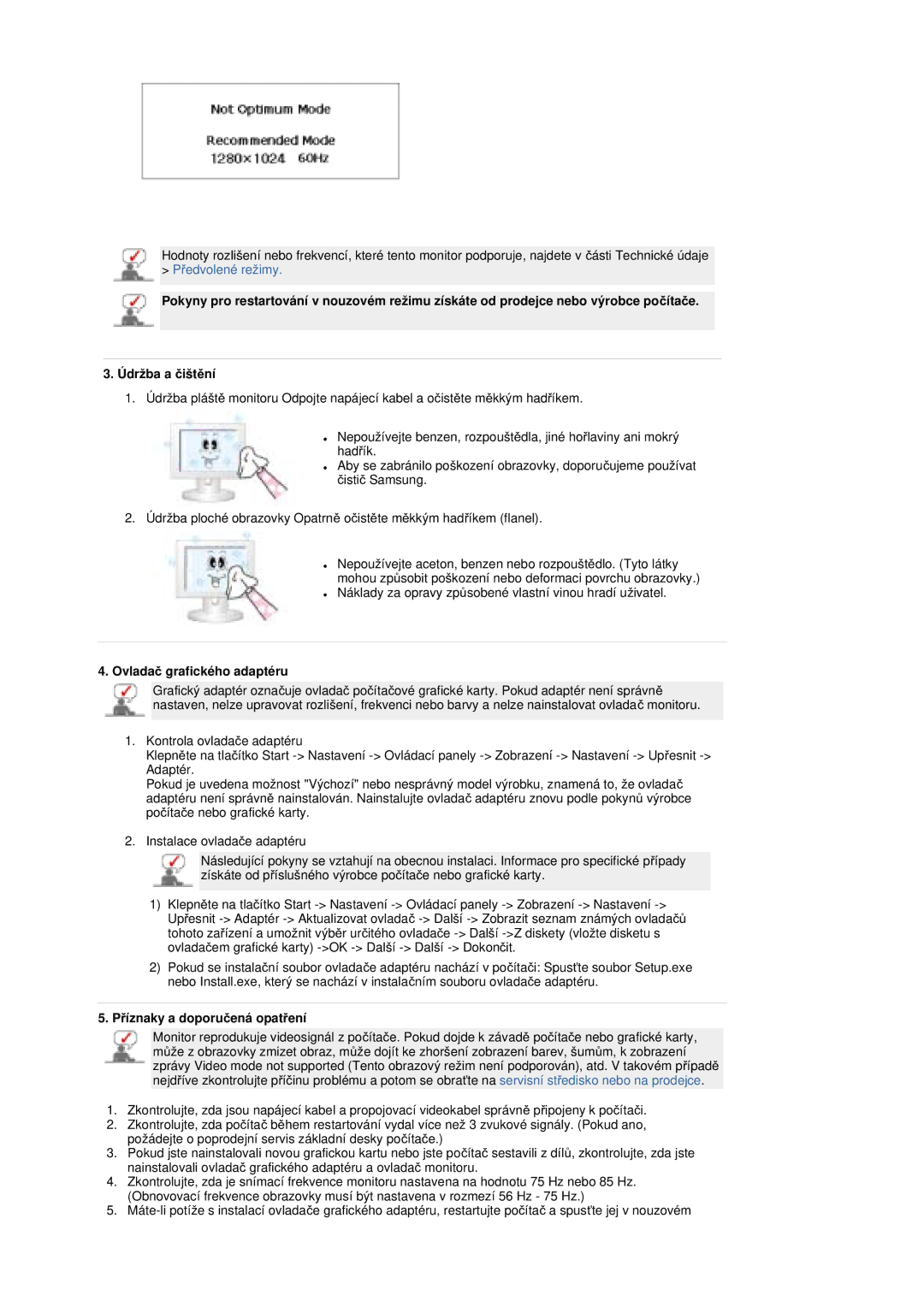 Samsung MZ19FSSS/EDC manual Ovladaþ grafického adaptéru, PĜíznaky a doporuþená opatĜení 