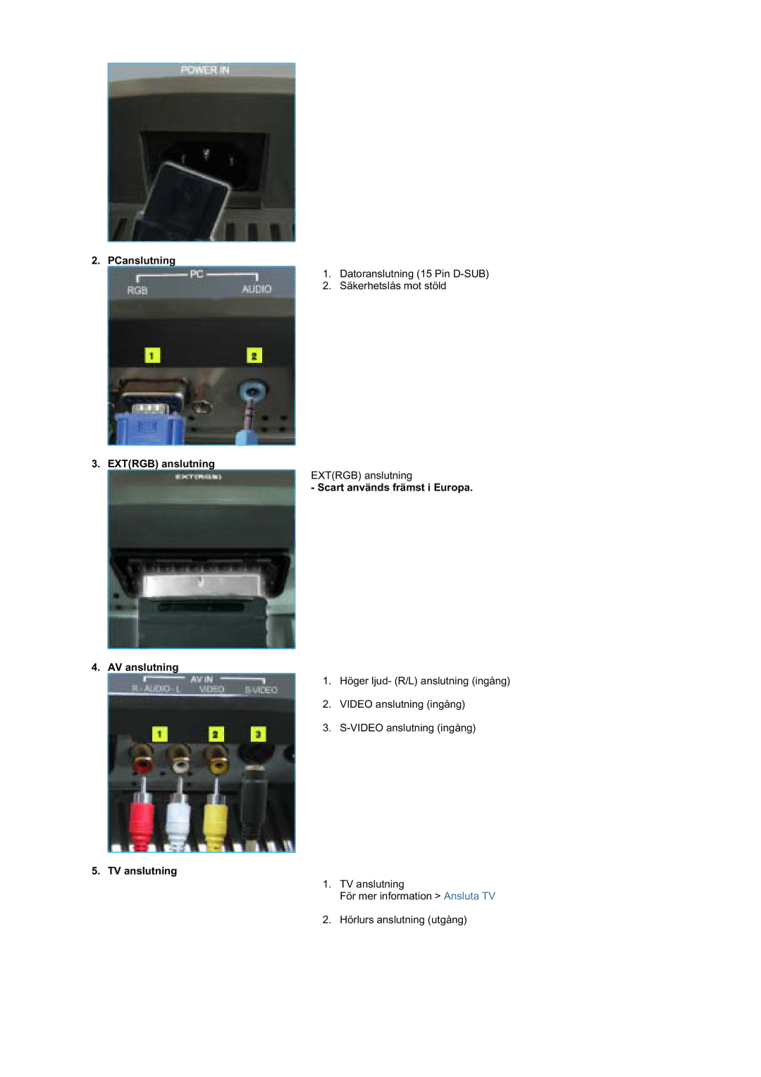 Samsung MZ19FSSS/EDC manual PCanslutning, Extrgb anslutning, Scart används främst i Europa AV anslutning, TV anslutning 