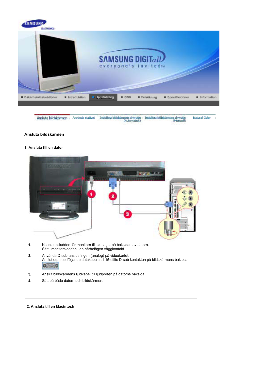 Samsung MZ19FSSS/EDC manual Ansluta bildskärmen, Ansluta till en dator, Ansluta till en Macintosh 