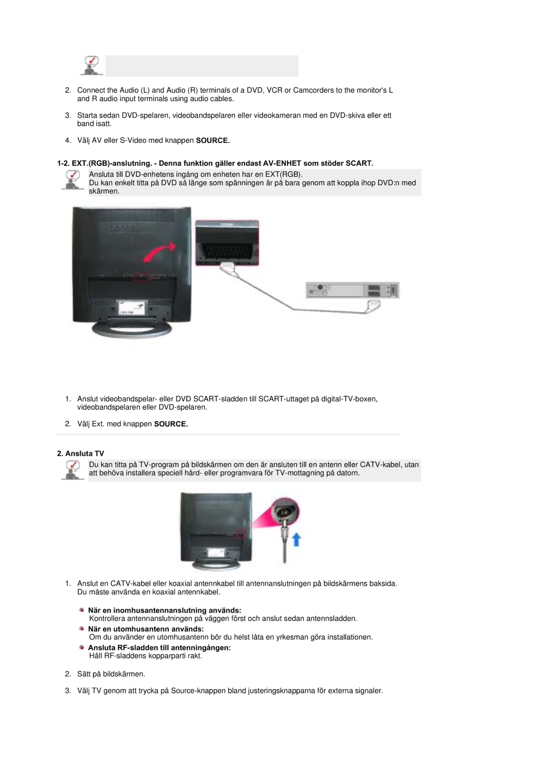 Samsung MZ19FSSS/EDC manual Ansluta TV, När en inomhusantennanslutning används, När en utomhusantenn används 