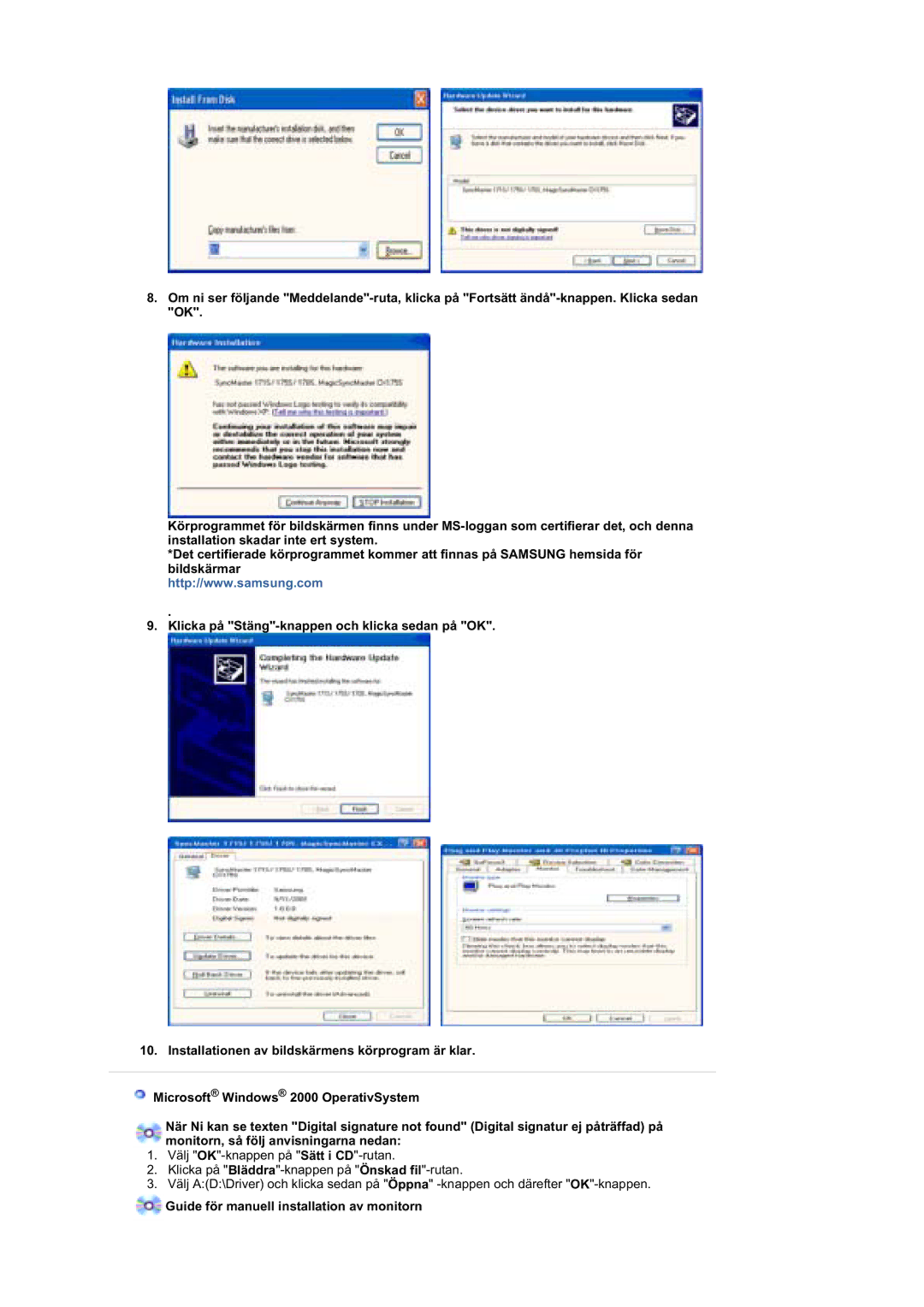 Samsung MZ19FSSS/EDC manual Guide för manuell installation av monitorn 