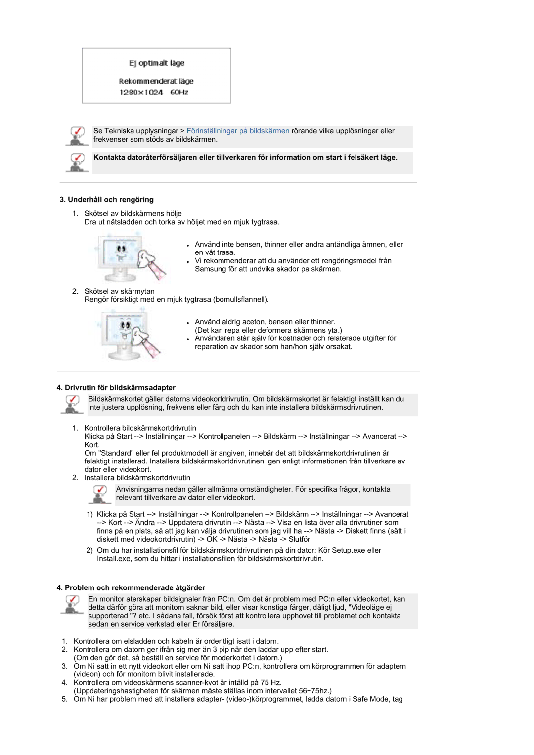 Samsung MZ19FSSS/EDC manual Drivrutin för bildskärmsadapter, Problem och rekommenderade åtgärder 