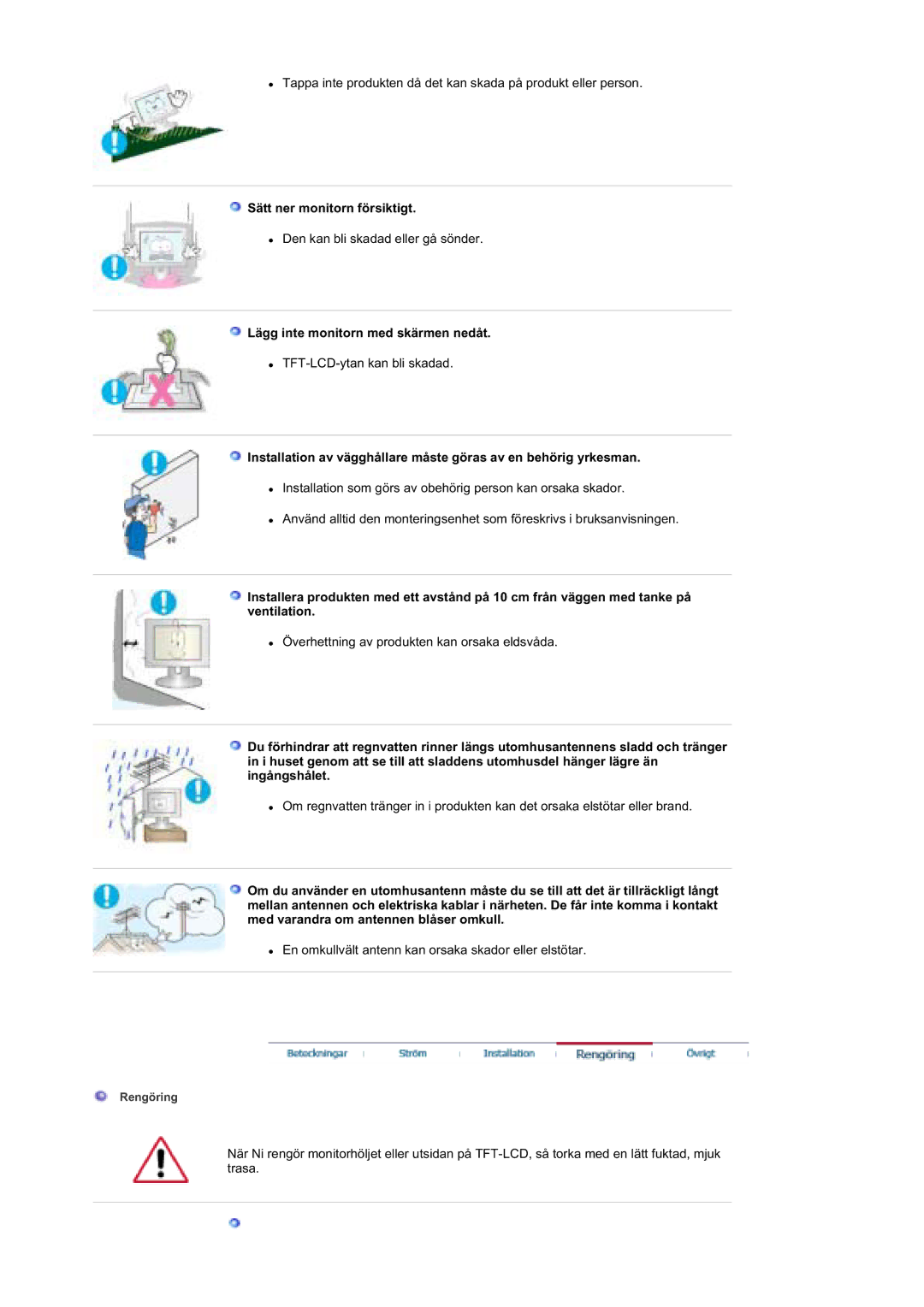 Samsung MZ19FSSS/EDC manual Sätt ner monitorn försiktigt, Lägg inte monitorn med skärmen nedåt 