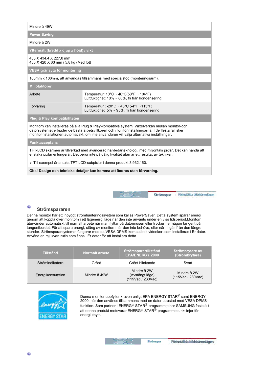 Samsung MZ19FSSS/EDC manual Strömspararen 