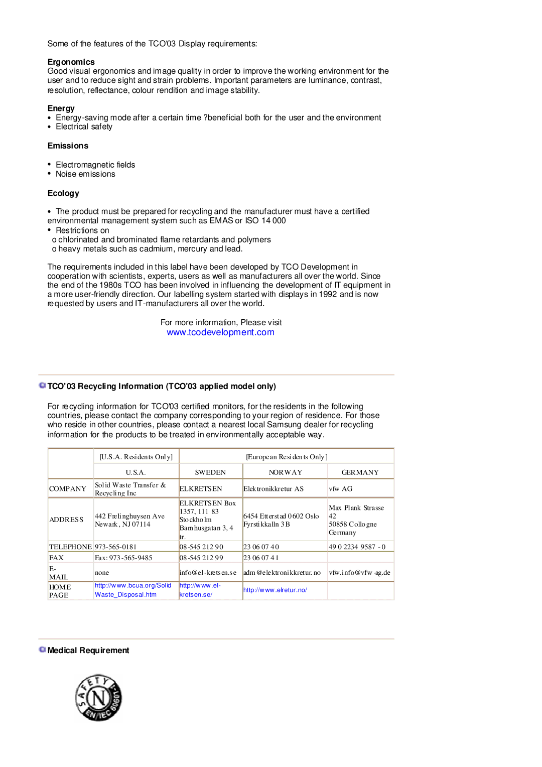 Samsung MZ19FSSS/EDC manual Ergonomics, Energy, Emissions, Ecology, TCO03 Recycling Information TCO03 applied model only 