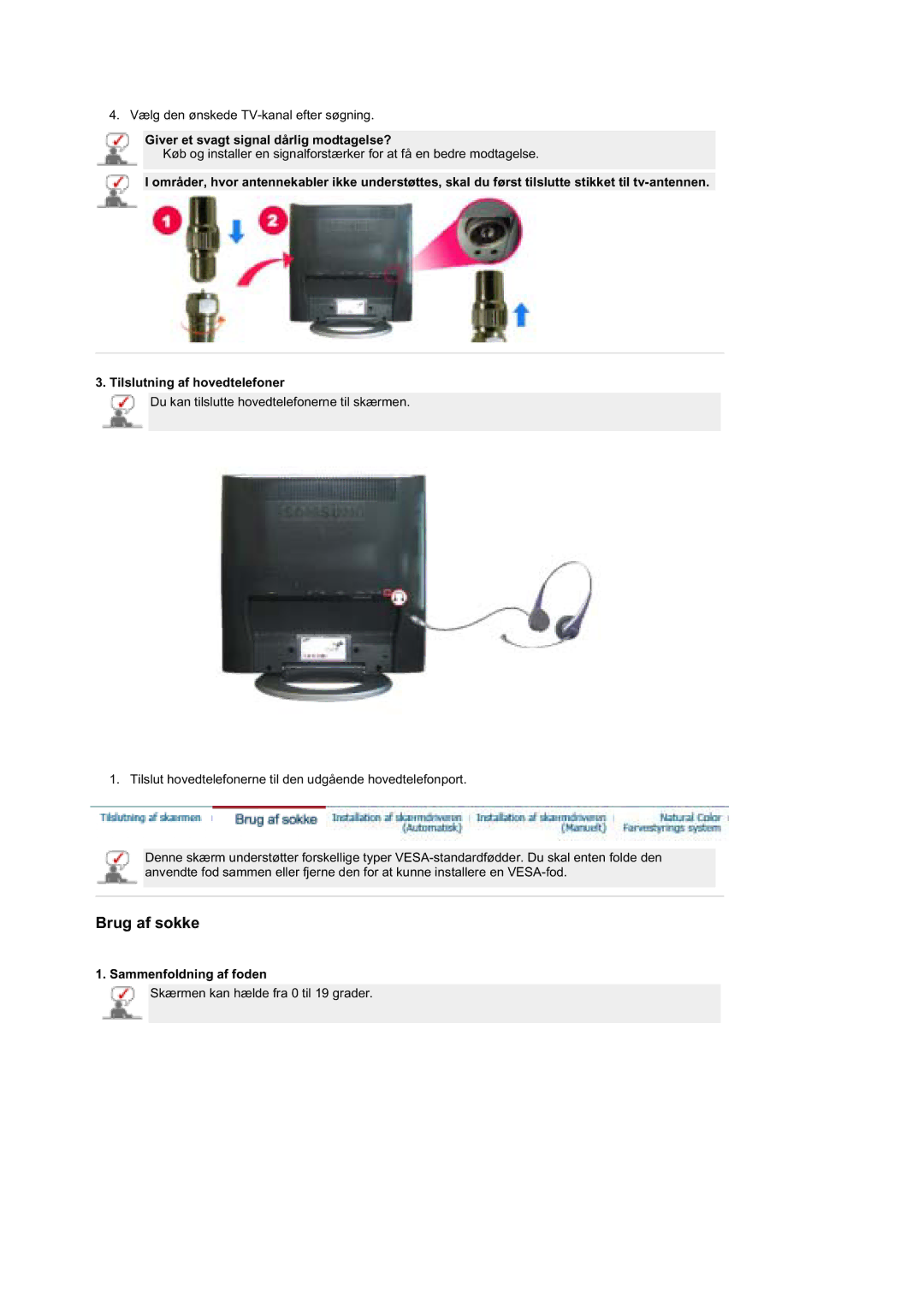 Samsung MZ19FSSS/EDC manual Giver et svagt signal dårlig modtagelse?, Sammenfoldning af foden 