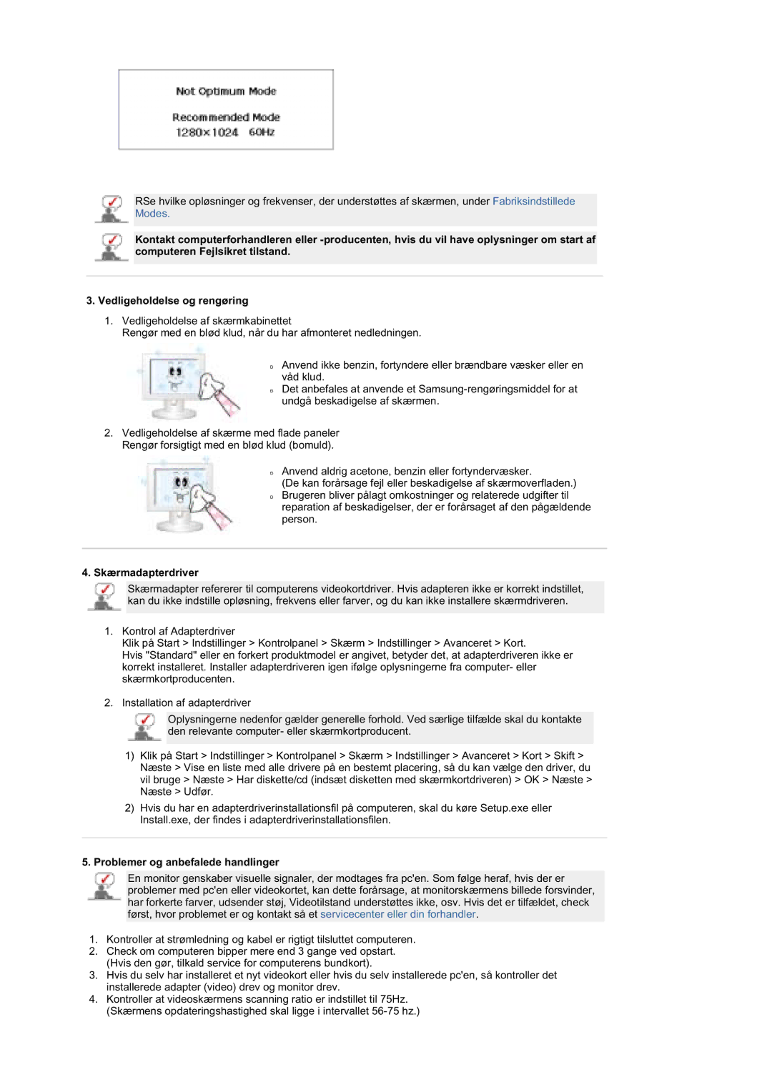 Samsung MZ19FSSS/EDC manual Skærmadapterdriver, Problemer og anbefalede handlinger 