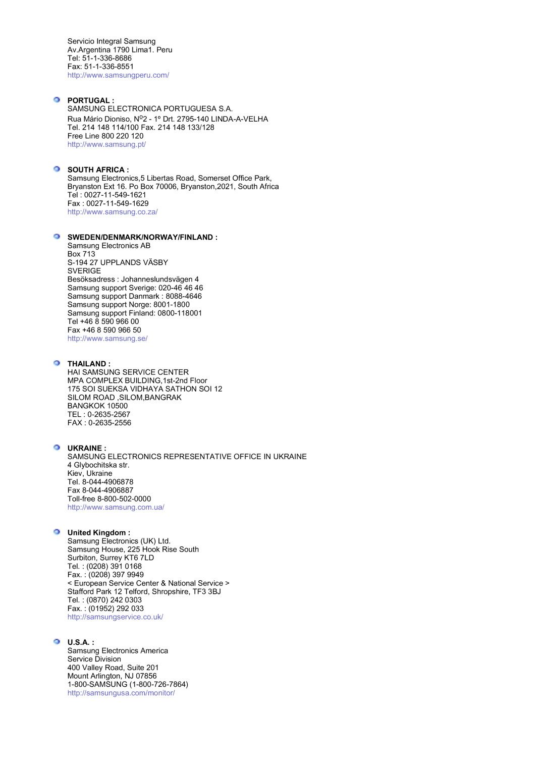 Samsung MZ19FSSS/EDC manual Portugal, South Africa, Sweden/Denmark/Norway/Finland, Thailand, Ukraine 