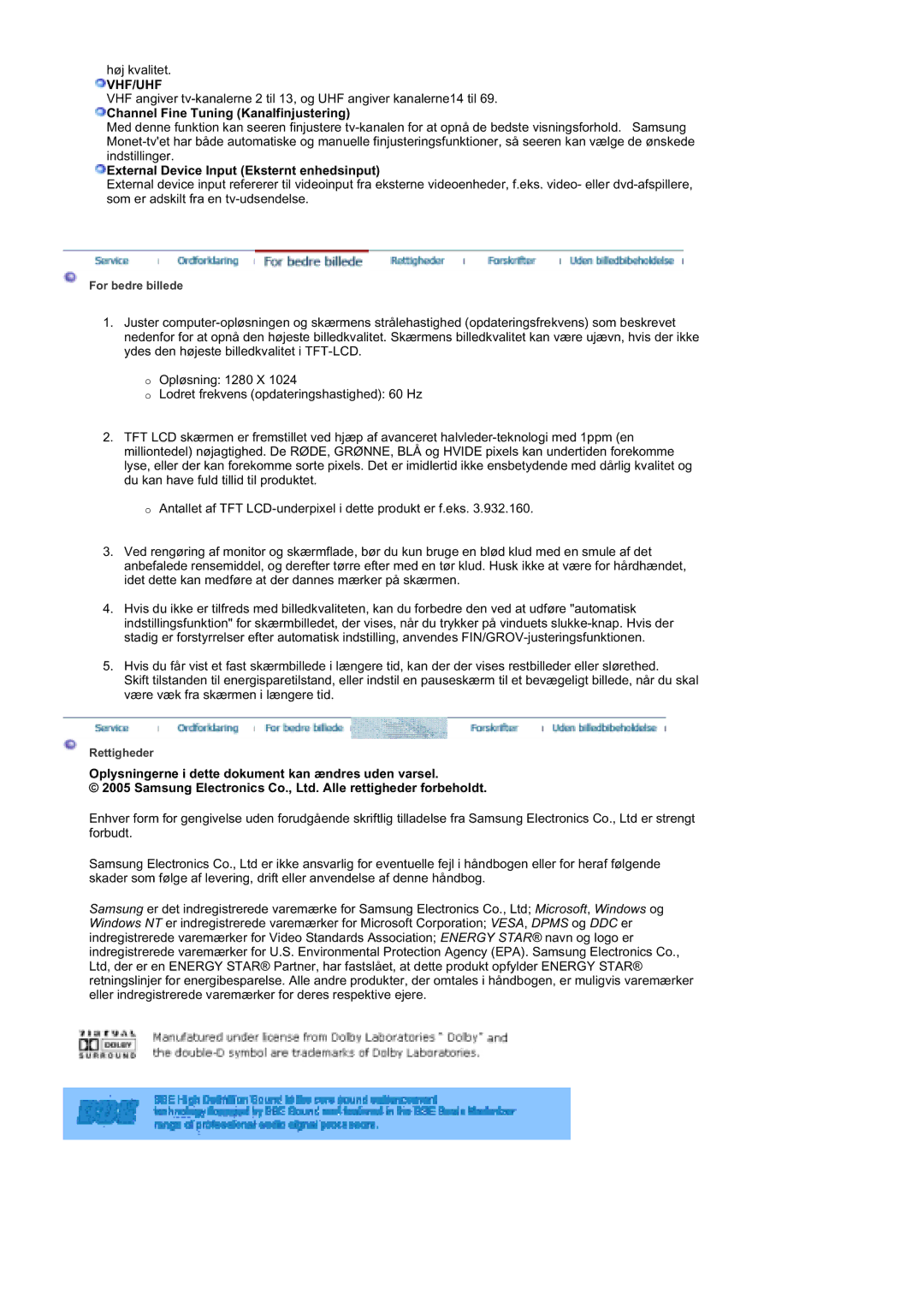 Samsung MZ19FSSS/EDC manual Vhf/Uhf, Channel Fine Tuning Kanalfinjustering, External Device Input Eksternt enhedsinput 