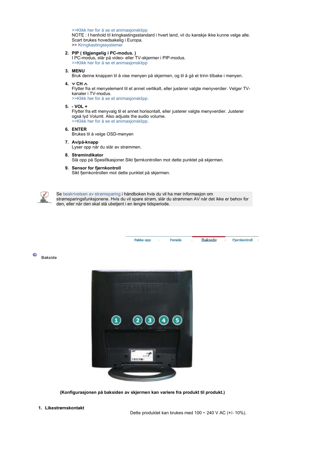 Samsung MZ19FSSS/EDC manual PIP tilgjengelig i PC-modus, Av/på-knapp 