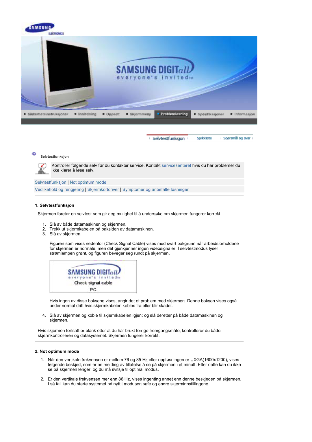 Samsung MZ19FSSS/EDC manual Selvtestfunksjon, Not optimum mode 