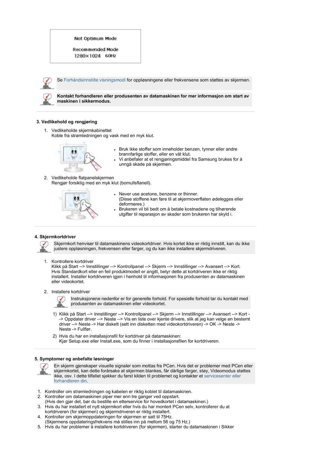 Samsung MZ19FSSS/EDC manual Skjermkortdriver, Symptomer og anbefalte løsninger 