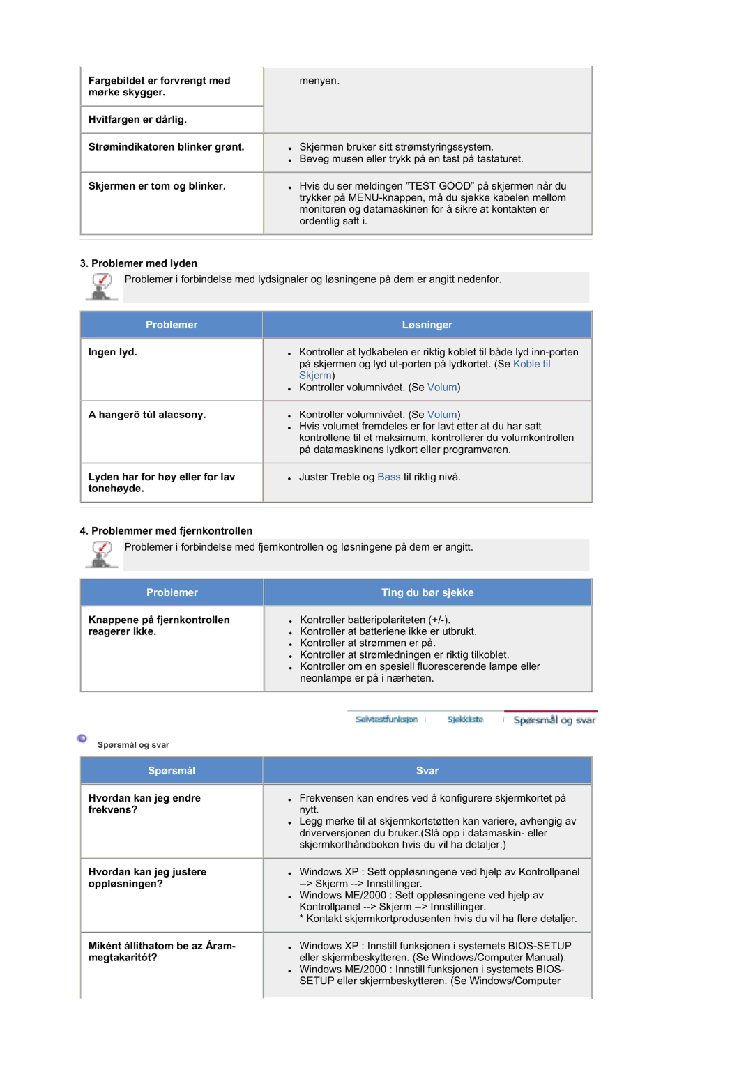 Samsung MZ19FSSS/EDC manual Problemer med lyden, Ingen lyd, Hangerõ túl alacsony, Lyden har for høy eller for lav tonehøyde 