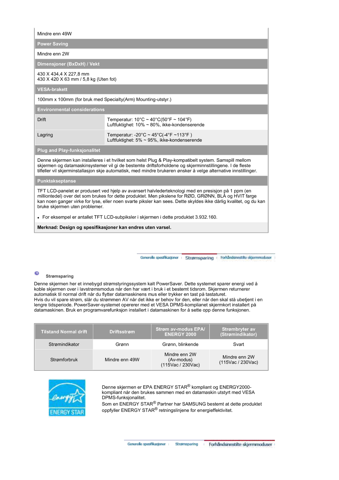 Samsung MZ19FSSS/EDC manual Environmental considerations, Merknad Design og spesifikasjoner kan endres uten varsel 