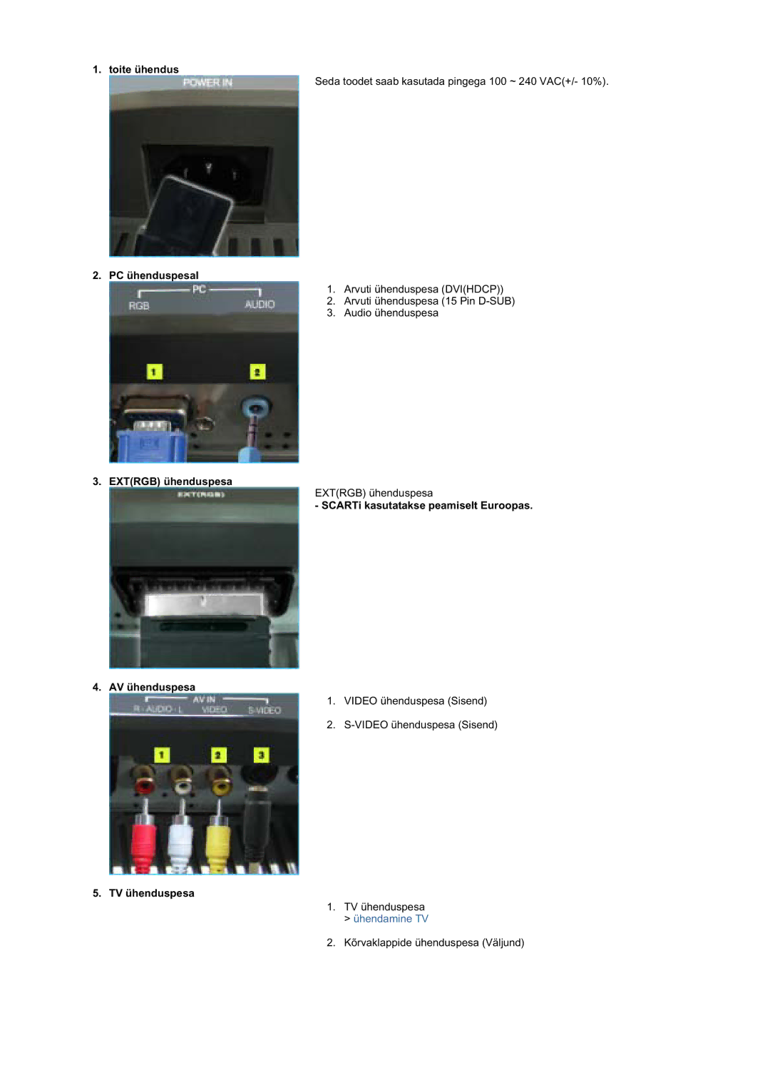 Samsung MZ19FSSS/EDC manual Toite ühendus, PC ühenduspesal, Extrgb ühenduspesa, TV ühenduspesa 