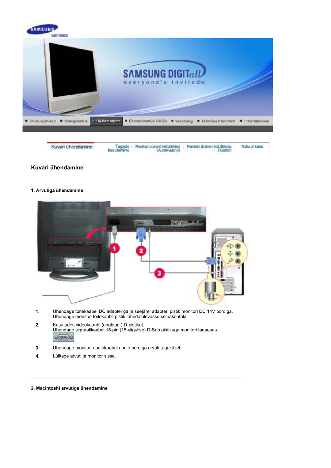 Samsung MZ19FSSS/EDC manual Arvutiga ühendamine, Macintoshi arvutiga ühendamine 