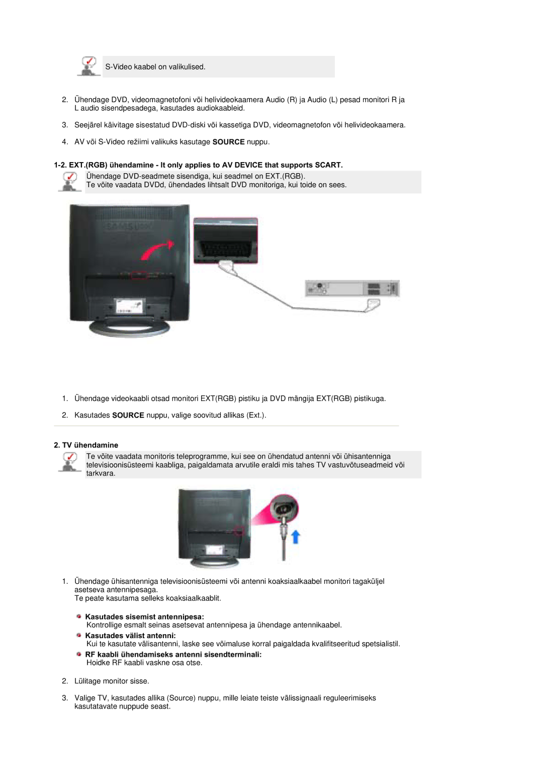 Samsung MZ19FSSS/EDC manual TV ühendamine, Kasutades sisemist antennipesa, Kasutades välist antenni 