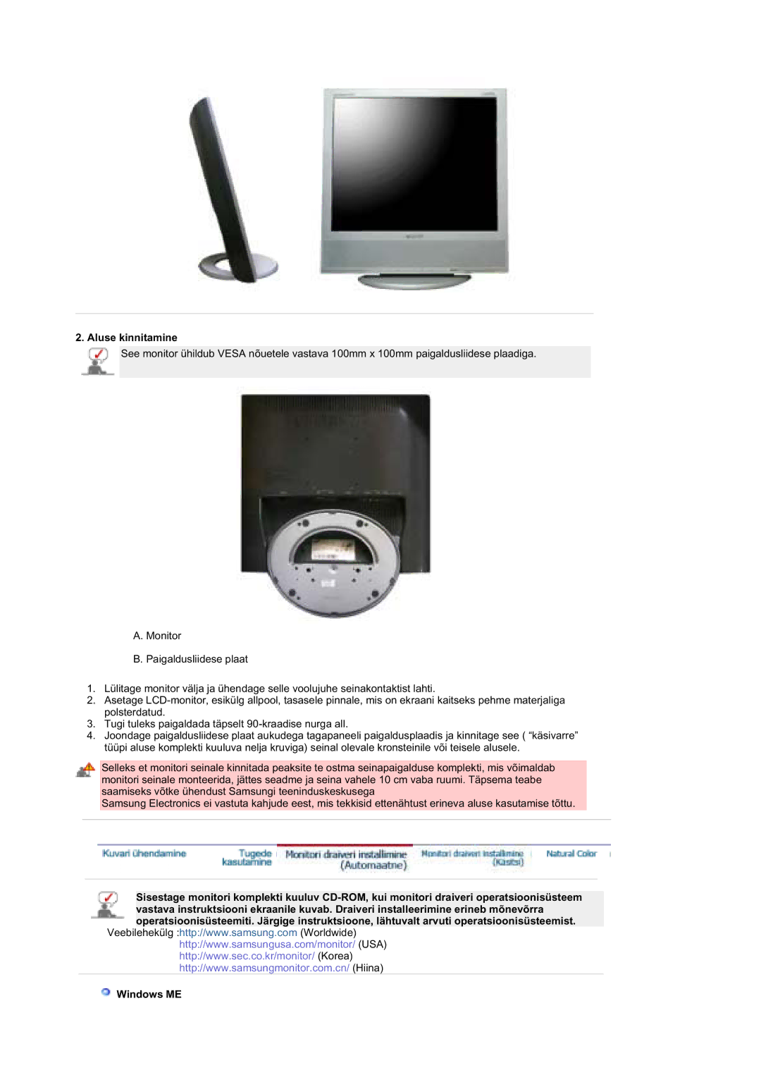 Samsung MZ19FSSS/EDC manual Aluse kinnitamine, Windows ME 