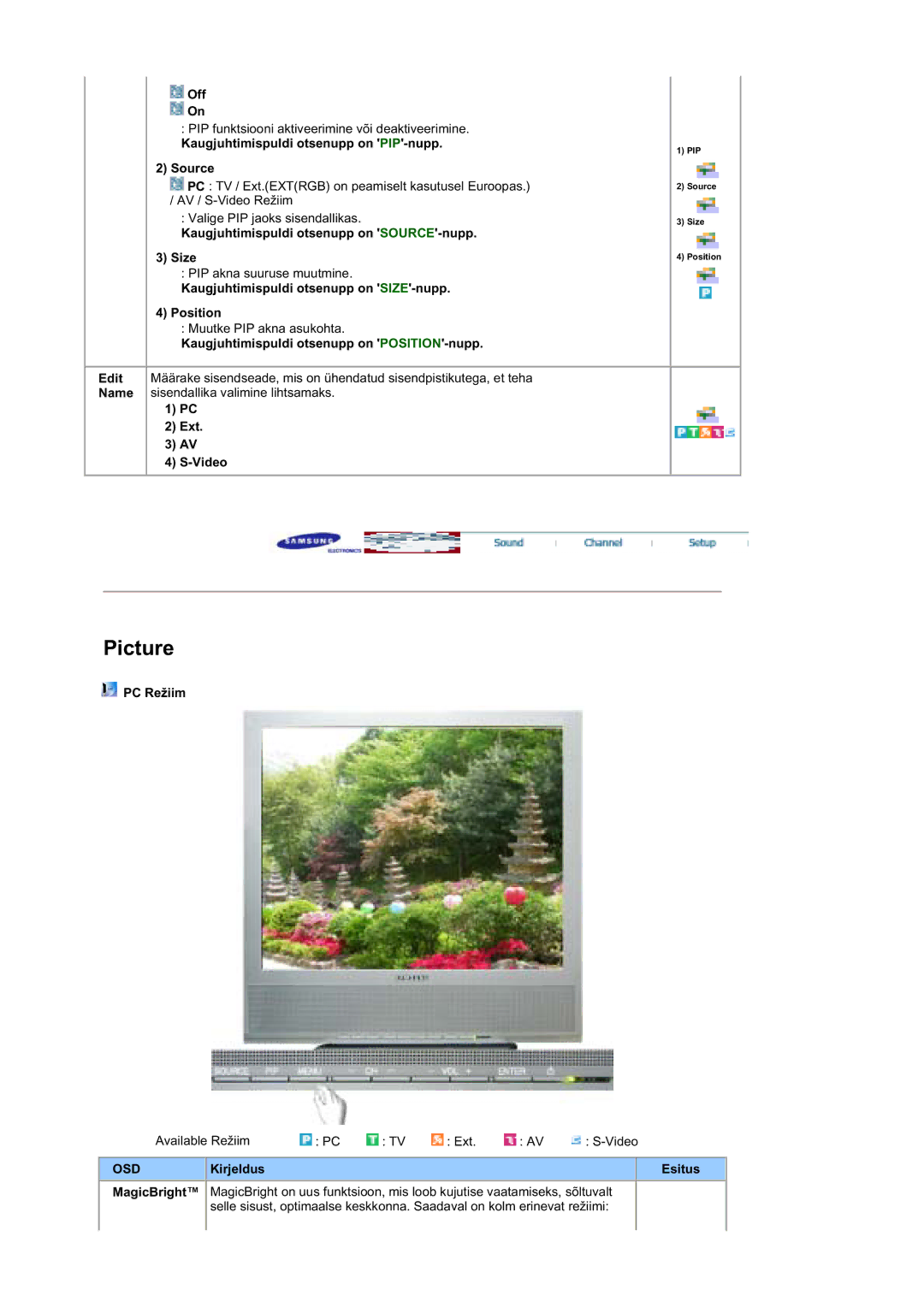 Samsung MZ19FSSS/EDC Off, Kaugjuhtimispuldi otsenupp on PIP-nupp Source, Kaugjuhtimispuldi otsenupp on SOURCE-nupp Size 