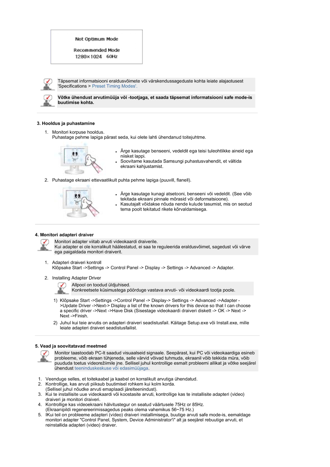 Samsung MZ19FSSS/EDC manual Monitori adapteri draiver, Vead ja soovitatavad meetmed 