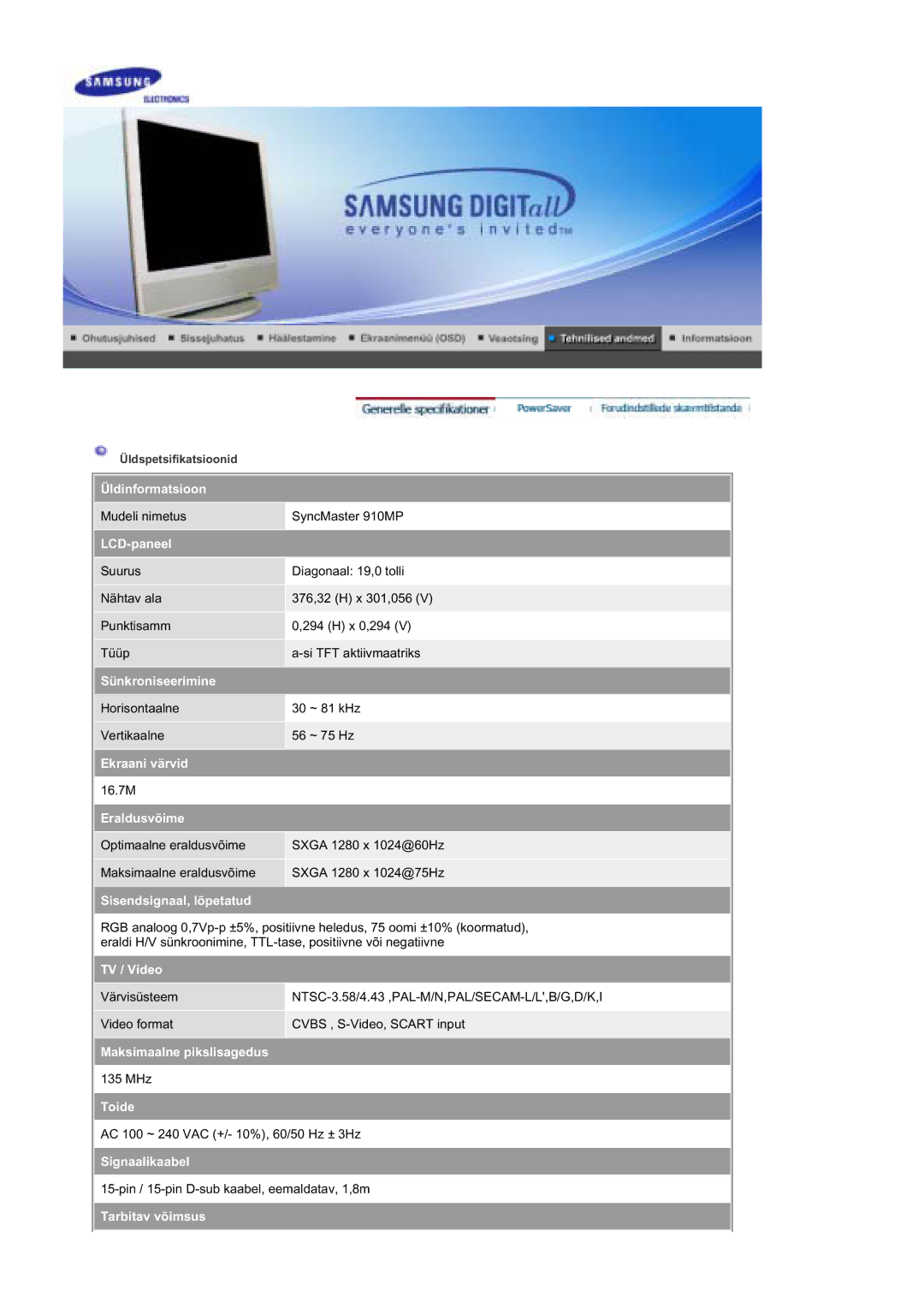 Samsung MZ19FSSS/EDC manual Üldinformatsioon 