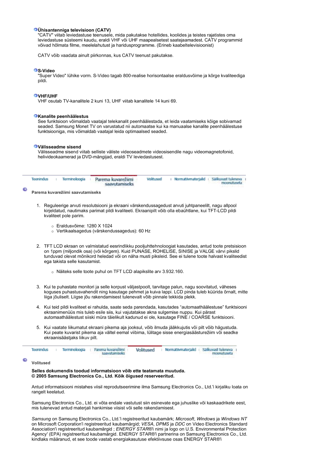 Samsung MZ19FSSS/EDC manual Ühisantenniga televisioon Catv, Vhf/Uhf, Kanalite peenhäälestus, Välisseadme sisend 