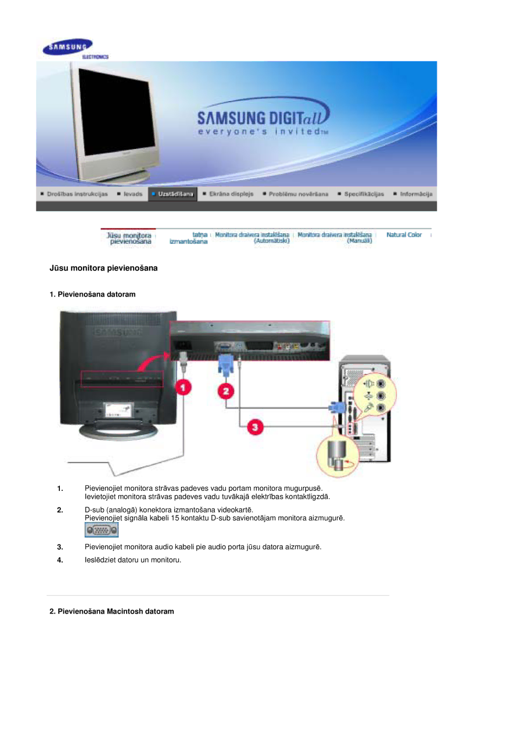 Samsung MZ19FSSS/EDC manual Jǌsu monitora pievienošana, Pievienošana datoram, Pievienošana Macintosh datoram 