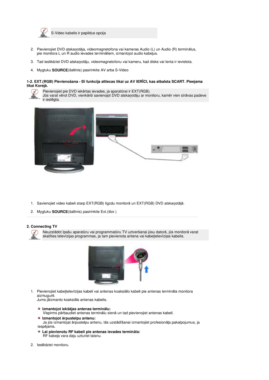 Samsung MZ19FSSS/EDC manual Connecting TV, Izmantojot iekšƝjas antenas terminƗlu, Izmantojot Ɨrpustelpu antenu 