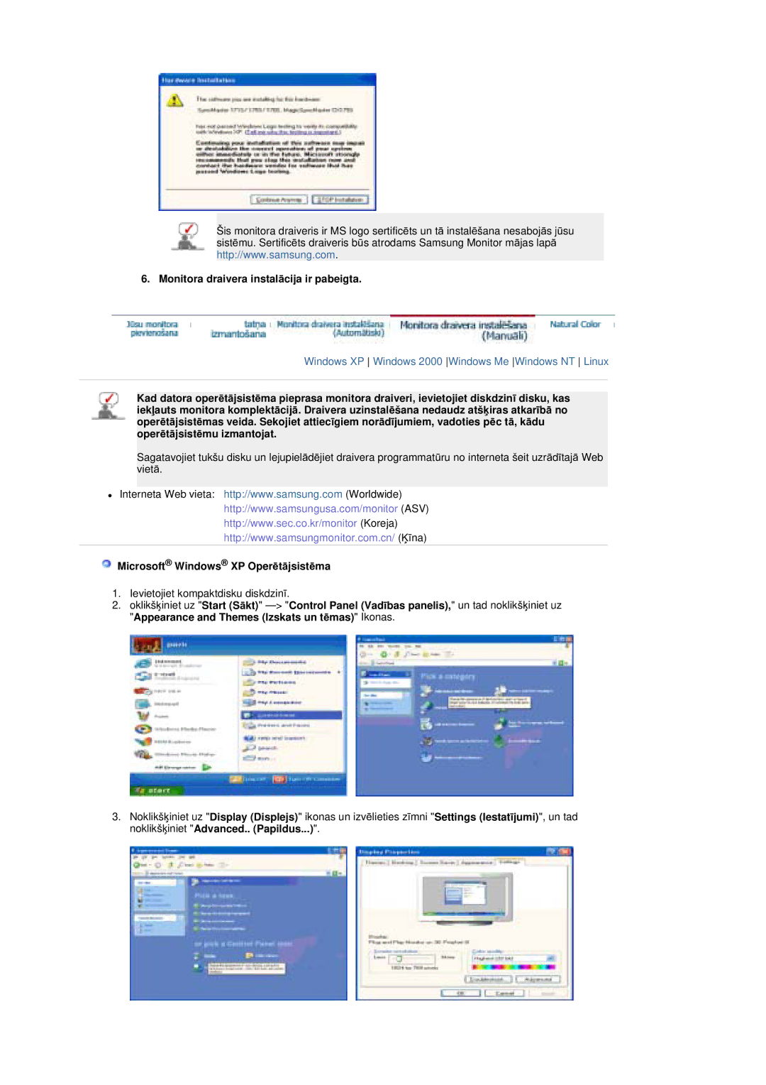 Samsung MZ19FSSS/EDC manual Monitora draivera instalƗcija ir pabeigta, Microsoft Windows XP OperƝtƗjsistƝma 