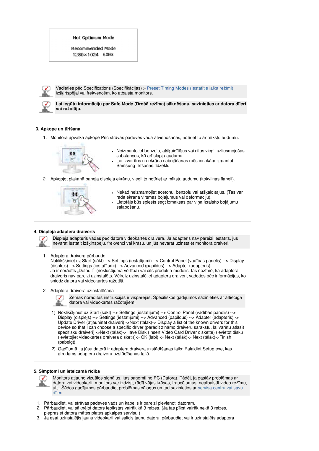 Samsung MZ19FSSS/EDC manual Displeja adaptera draiveris, Simptomi un ieteicamƗ rƯcƯba 