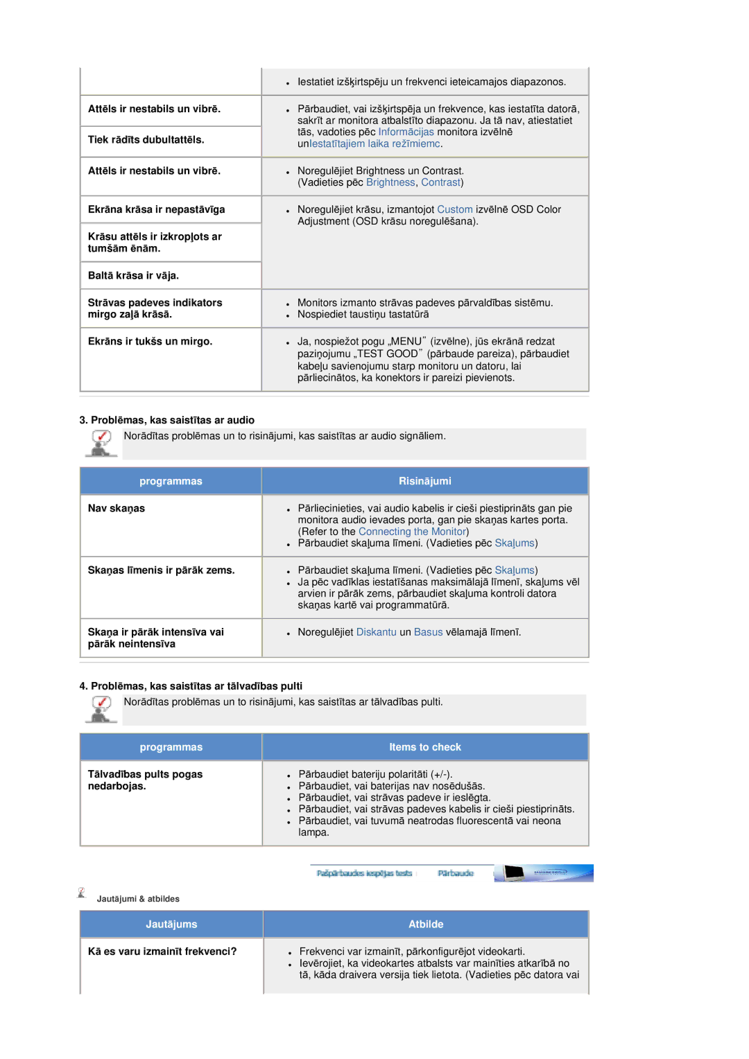 Samsung MZ19FSSS/EDC ProblƝmas, kas saistƯtas ar audio, Nav skaƼas, SkaƼas lƯmenis ir pƗrƗk zems, TƗlvadƯbas pults pogas 