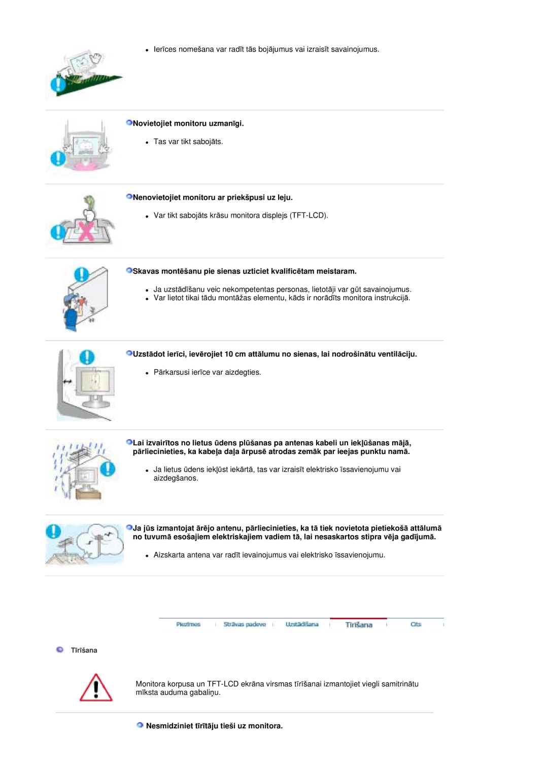 Samsung MZ19FSSS/EDC manual Novietojiet monitoru uzmanƯgi, Nenovietojiet monitoru ar priekšpusi uz leju 