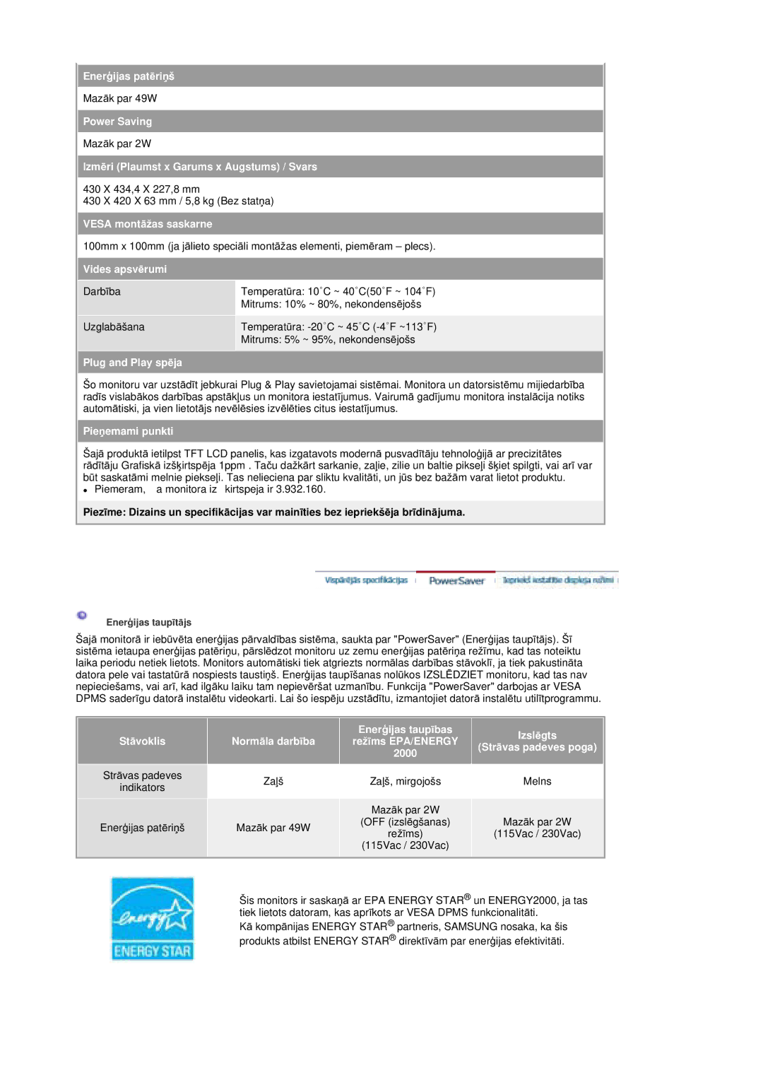 Samsung MZ19FSSS/EDC manual EnerƧijas patƝriƼš 