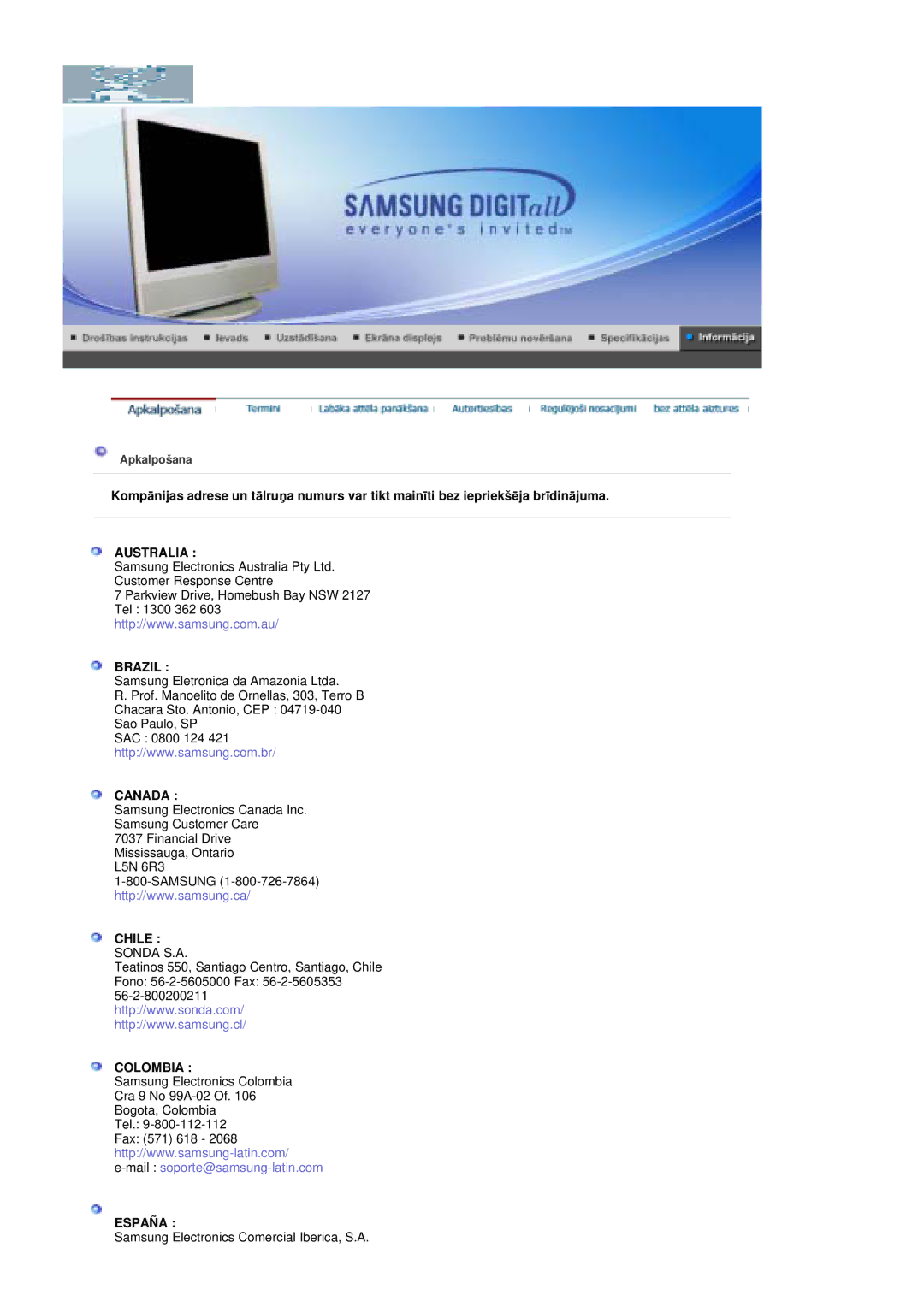 Samsung MZ19FSSS/EDC manual Australia Brazil, Canada, Chile Sonda S.A, Colombia, España 