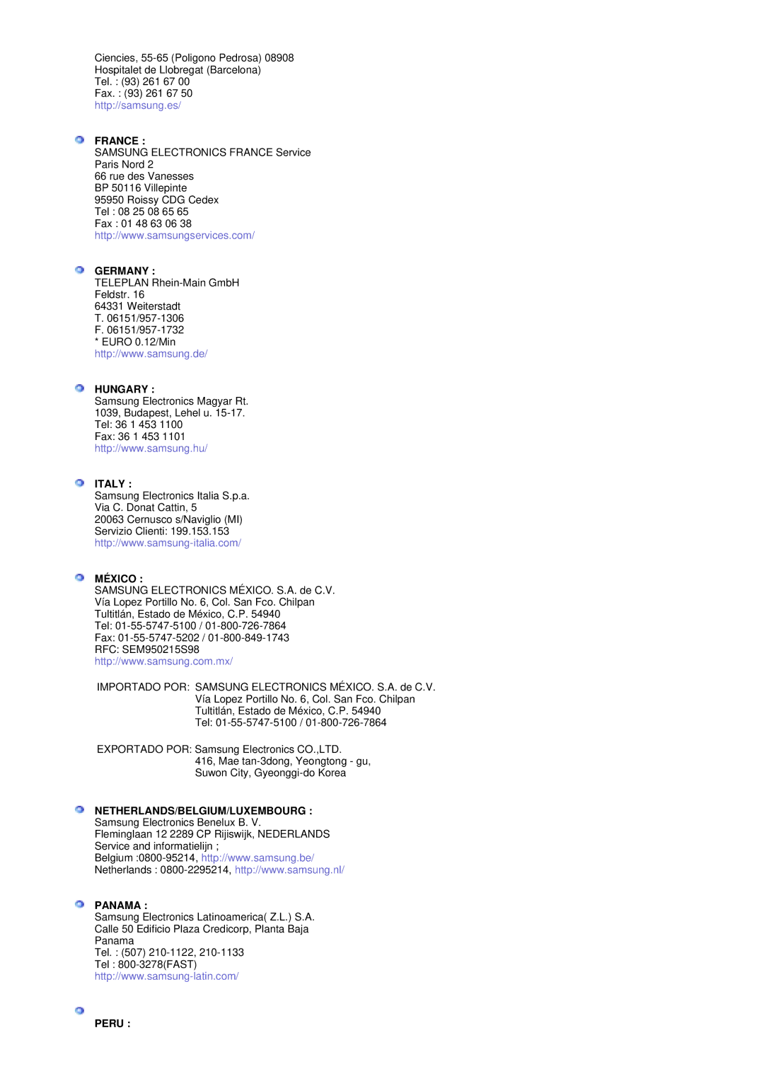 Samsung MZ19FSSS/EDC manual France, Germany, Hungary, Italy, México, Netherlands/Belgium/Luxembourg, Panama, Peru 