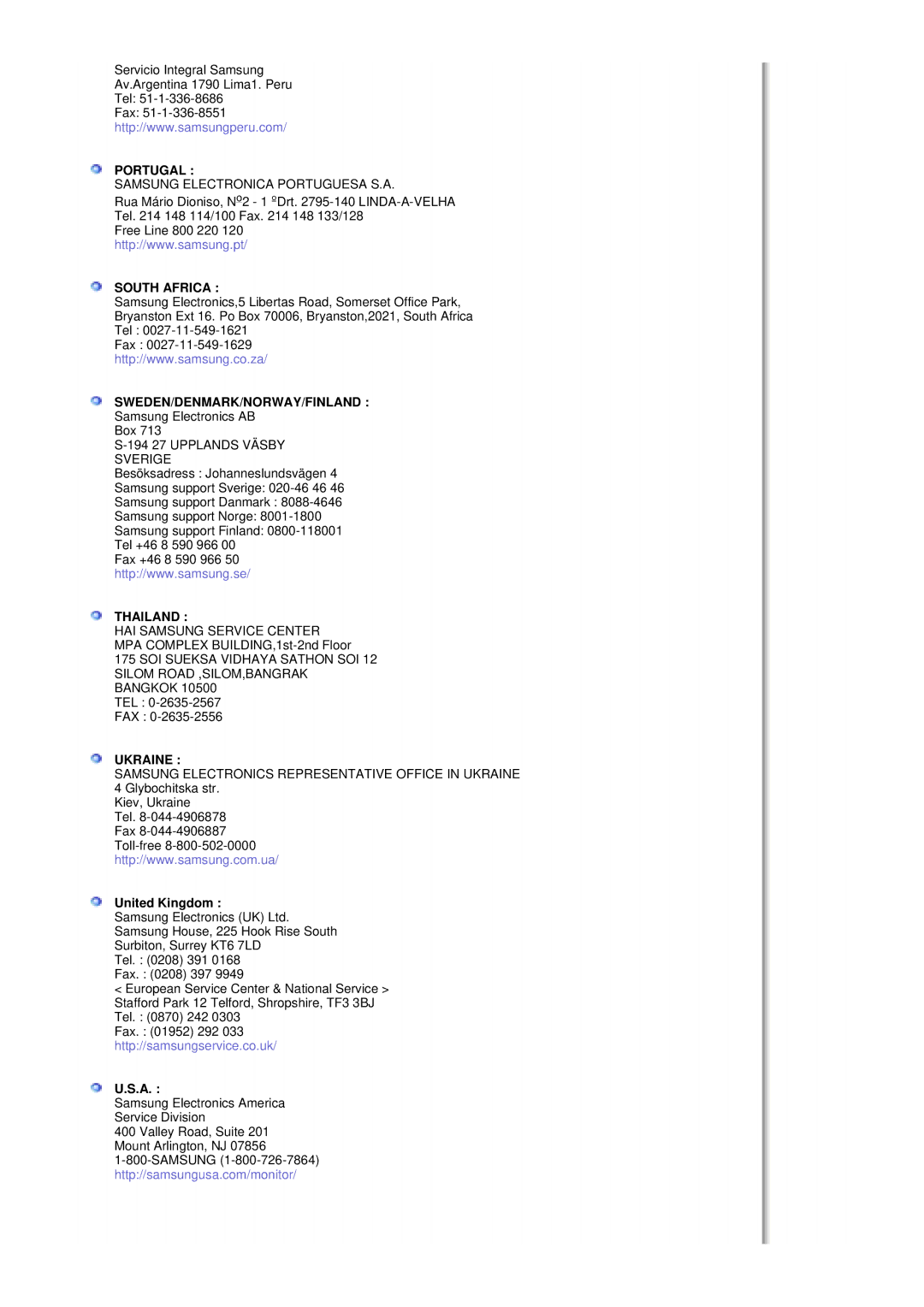 Samsung MZ19FSSS/EDC manual Portugal, South Africa, Sweden/Denmark/Norway/Finland, Thailand, Ukraine 