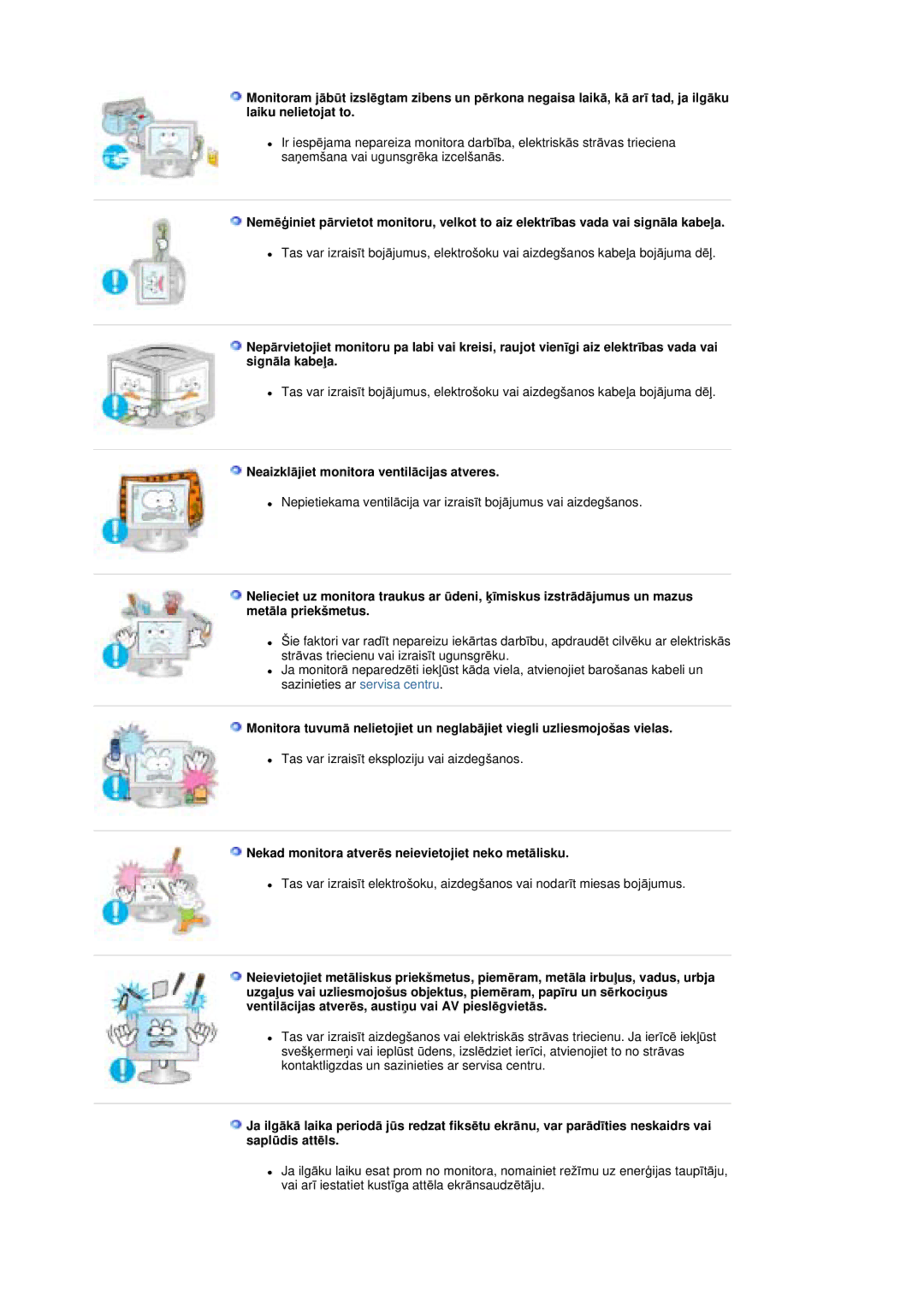 Samsung MZ19FSSS/EDC manual NeaizklƗjiet monitora ventilƗcijas atveres, Nekad monitora atverƝs neievietojiet neko metƗlisku 