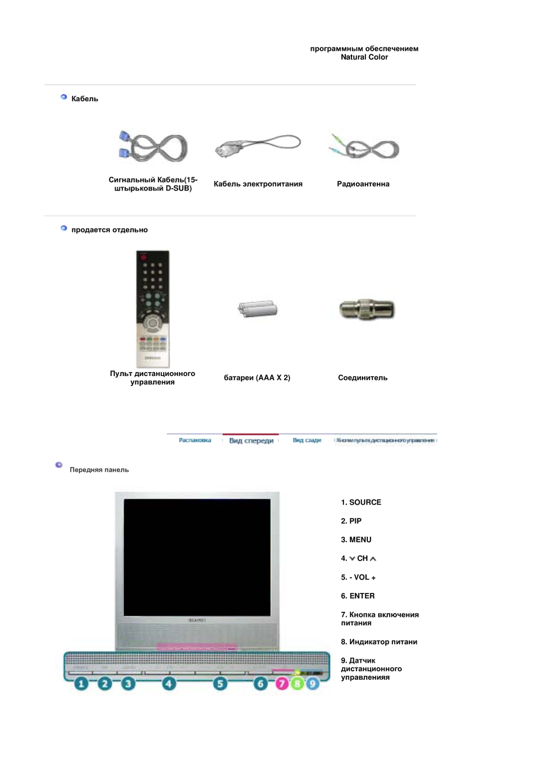 Samsung MZ19FSSS/EDC Ɩɪɨɝɪɚɦɦɧɵɦ ɨɛɟɫɩɟɱɟɧɢɟɦ Natural Color Ʉɚɛɟɥɶ, Ʉɚɛɟɥɶ ɷɥɟɤɬɪɨɩɢɬɚɧɢɹ, Ɲɬɵɪɶɤɨɜɵɣ D-SUB, Pip, Vol + 