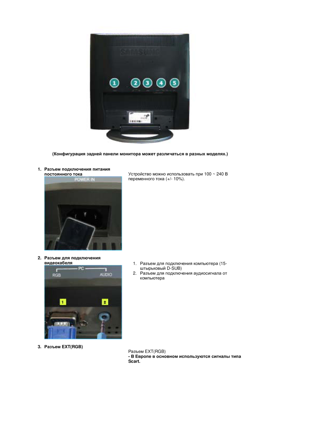 Samsung MZ19FSSS/EDC Ɋɚɡɴɟɦ ɞɥɹ ɩɨɞɤɥɸɱɟɧɢɹ Ɜɢɞɟɨɤɚɛɟɥɹ, Ɋɚɡɴɟɦ Extrgb, Ȿɜɪɨɩɟ ɜ ɨɫɧɨɜɧɨɦ ɢɫɩɨɥɶɡɭɸɬɫɹ ɫɢɝɧɚɥɵ ɬɢɩɚ Scart 