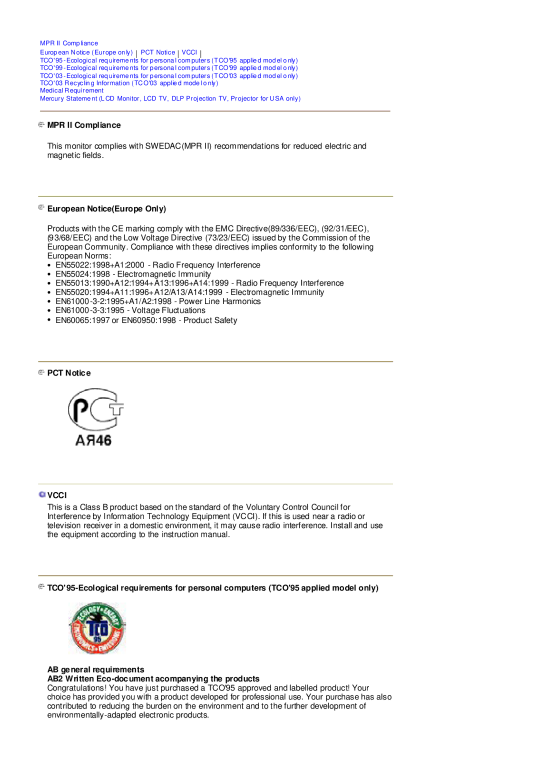 Samsung MZ19FSSS/EDC manual MPR II Compliance, European NoticeEurope Only, PCT Notice 