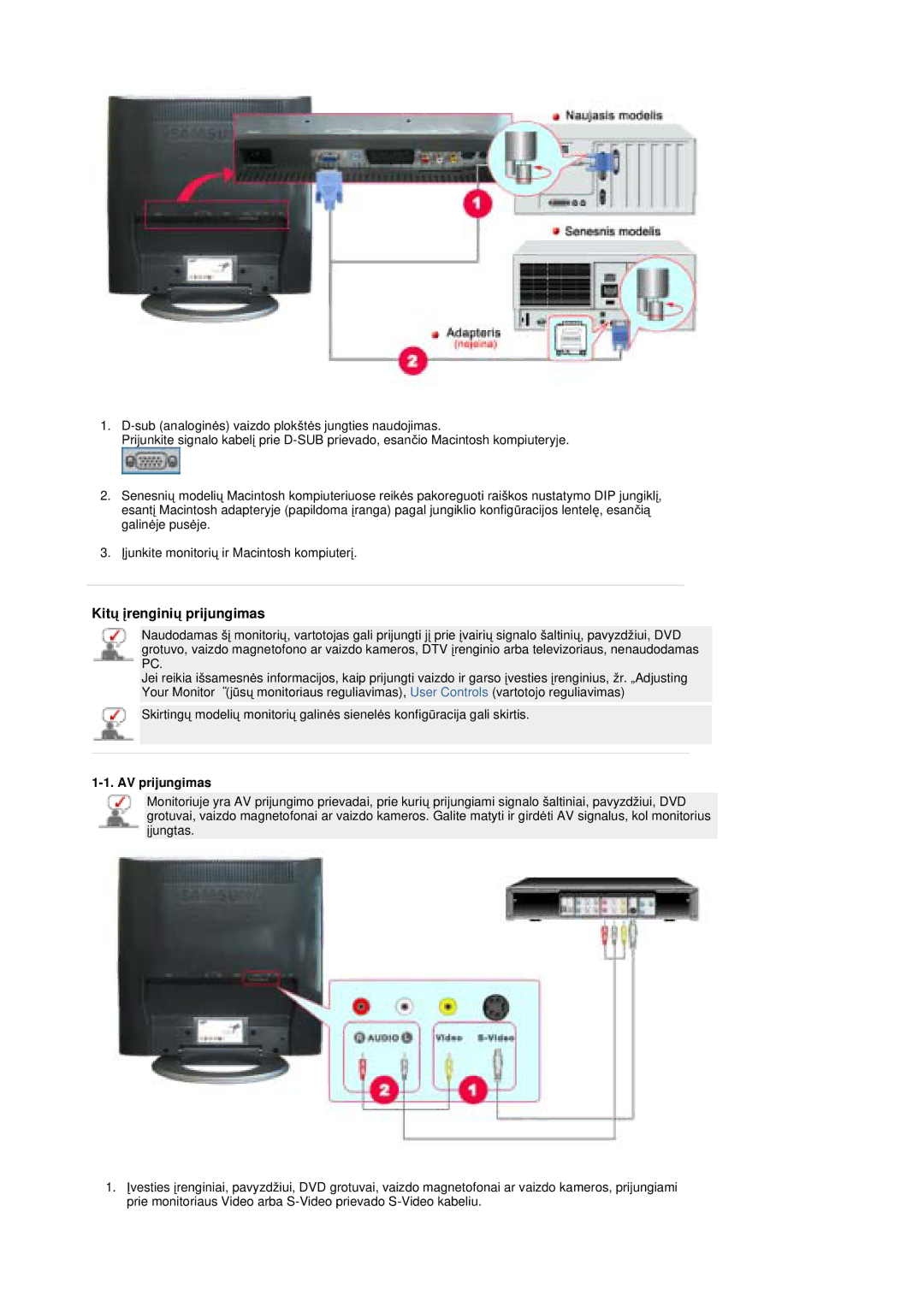 Samsung MZ19FSSS/EDC manual Kitǐ Ƴrenginiǐ prijungimas, AV prijungimas 