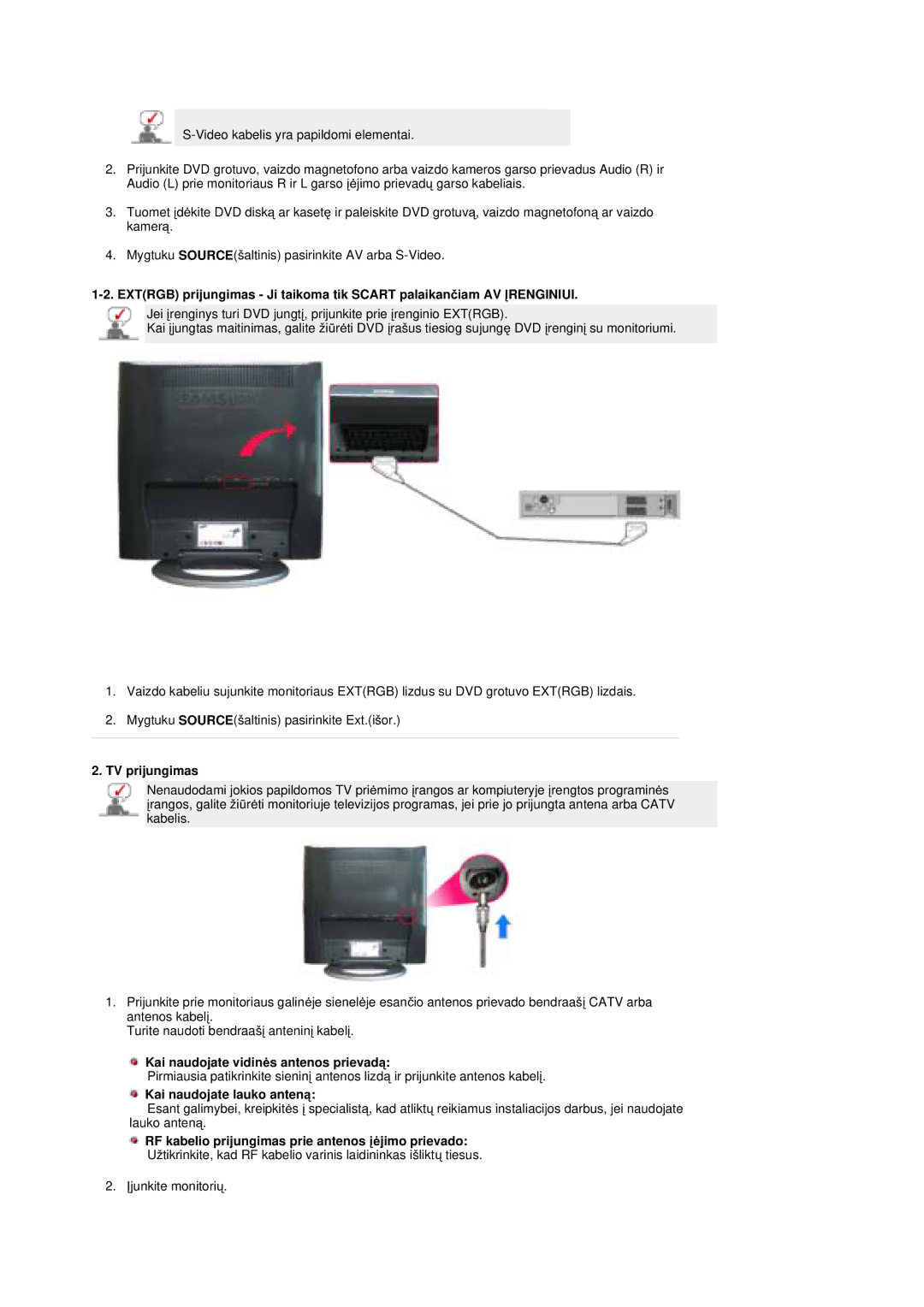 Samsung MZ19FSSS/EDC manual TV prijungimas, Kai naudojate vidinơs antenos prievadą, Kai naudojate lauko anteną 