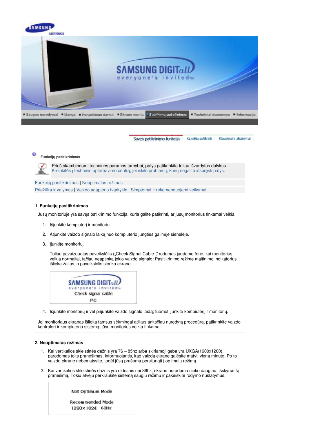 Samsung MZ19FSSS/EDC manual Funkcijǐ pasitikrinimas, Neoptimalus režimas 