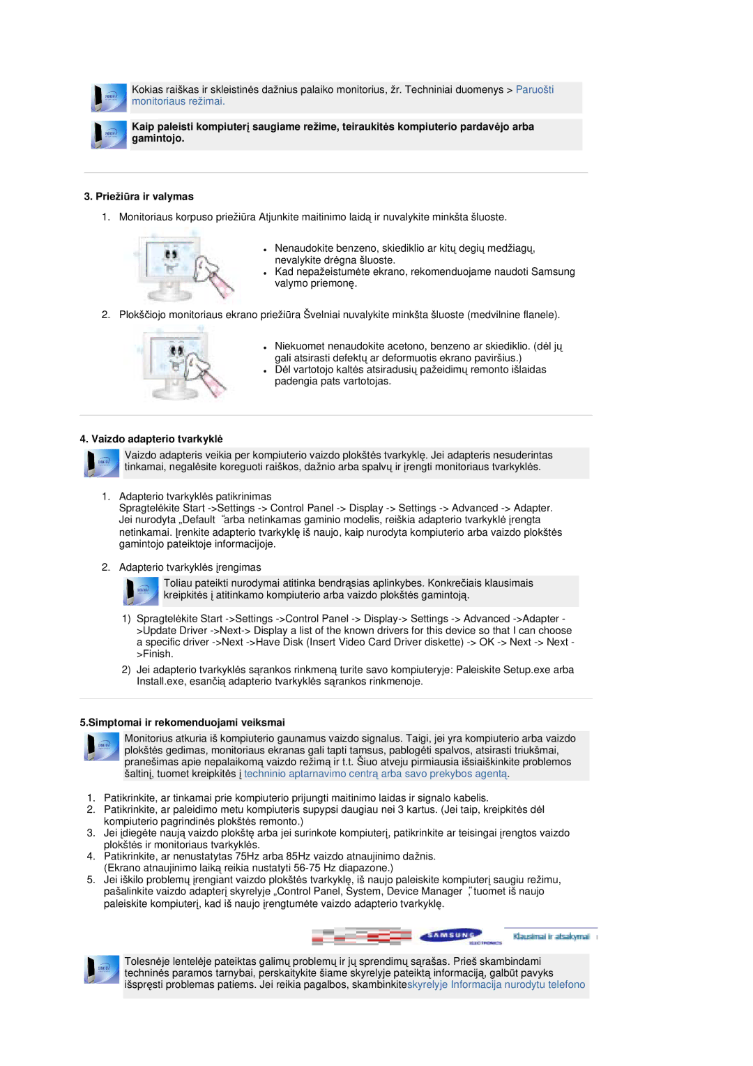 Samsung MZ19FSSS/EDC manual Vaizdo adapterio tvarkyklơ, Simptomai ir rekomenduojami veiksmai 