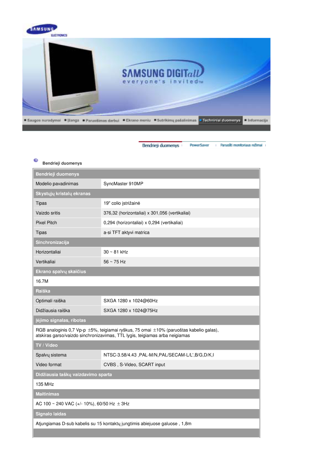 Samsung MZ19FSSS/EDC manual Bendrieji duomenys 