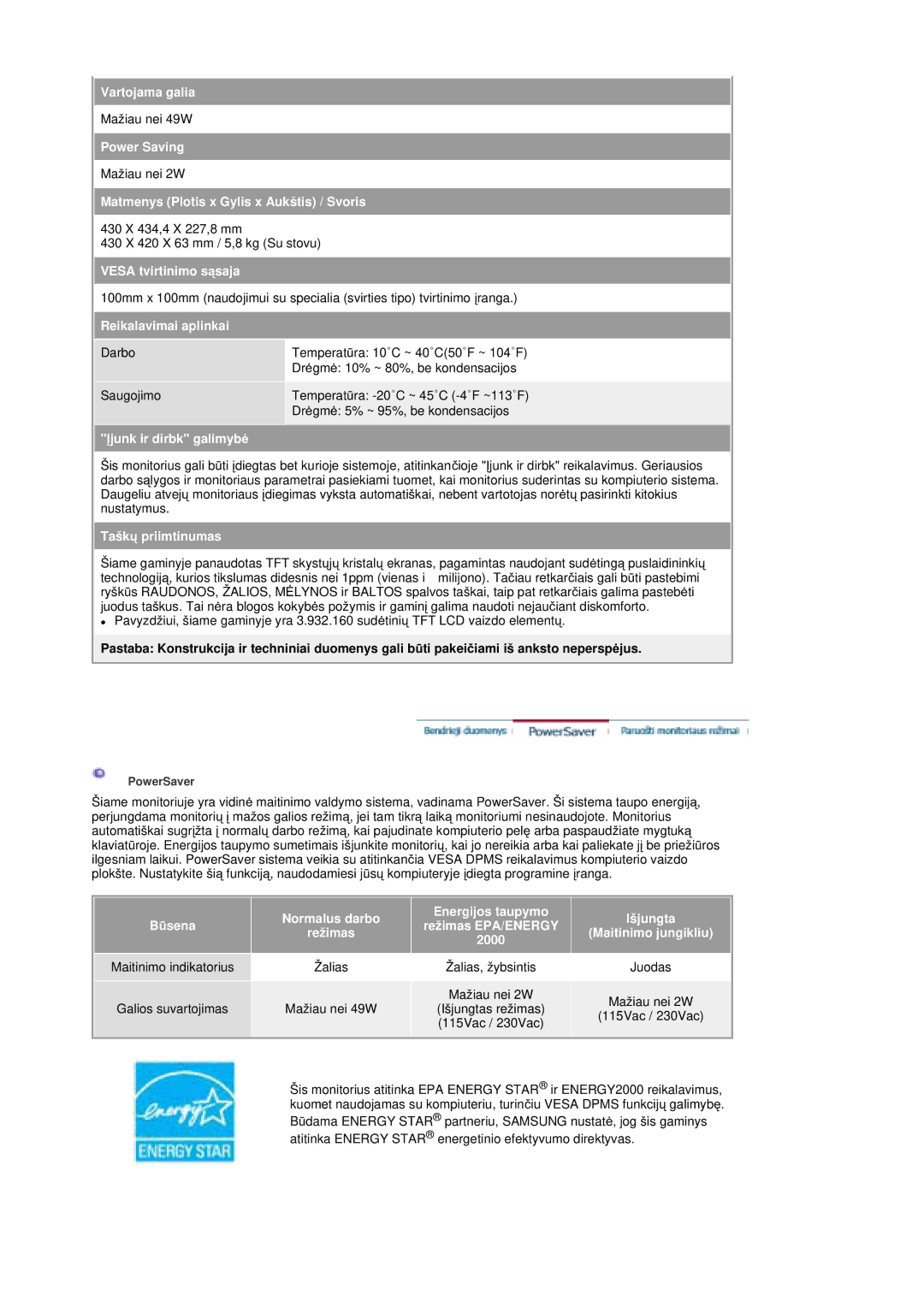 Samsung MZ19FSSS/EDC manual Vartojama galia 