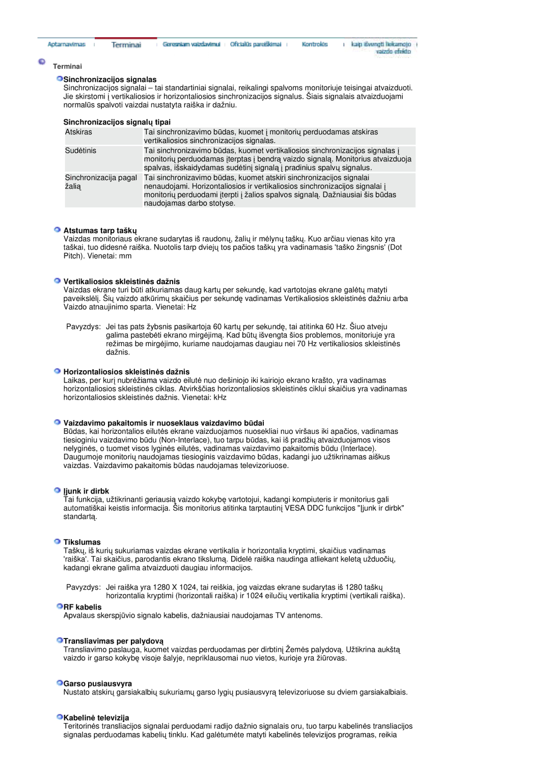 Samsung MZ19FSSS/EDC manual Sinchronizacijos signalas, Sinchronizacijos signalǐ tipai, Atstumas tarp taškǐ, Ʋjunk ir dirbk 